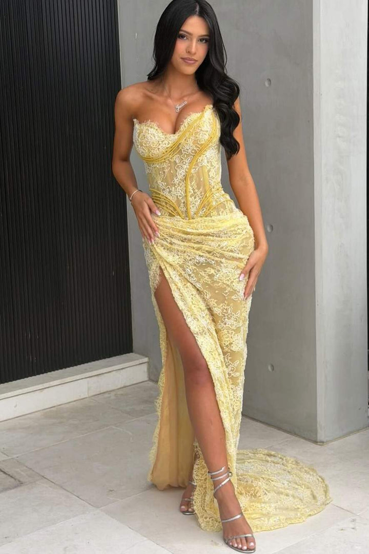 Yellow Strapless V-Neck Lace Appliques Mermaid Long Prom Dress