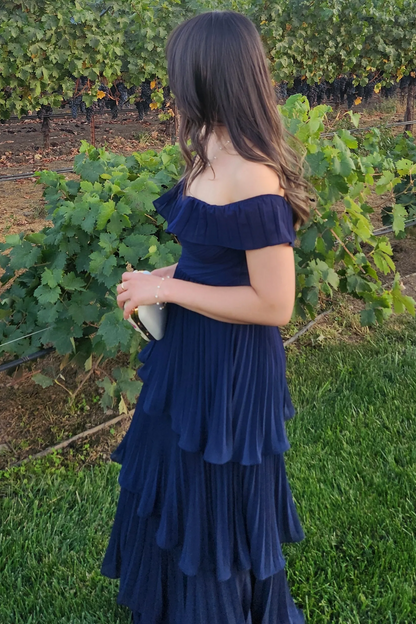 Off-Shoulder A-Line Pleated Empire-Waist Ruffles Long Formal Prom Dress