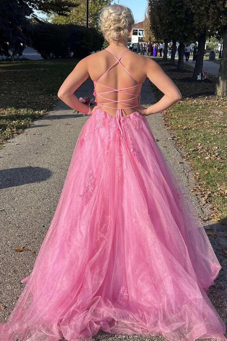 Princess Prom Dress Scoop Neck Spaghetti Straps Crisscross Pink Lace Tulle Slit
