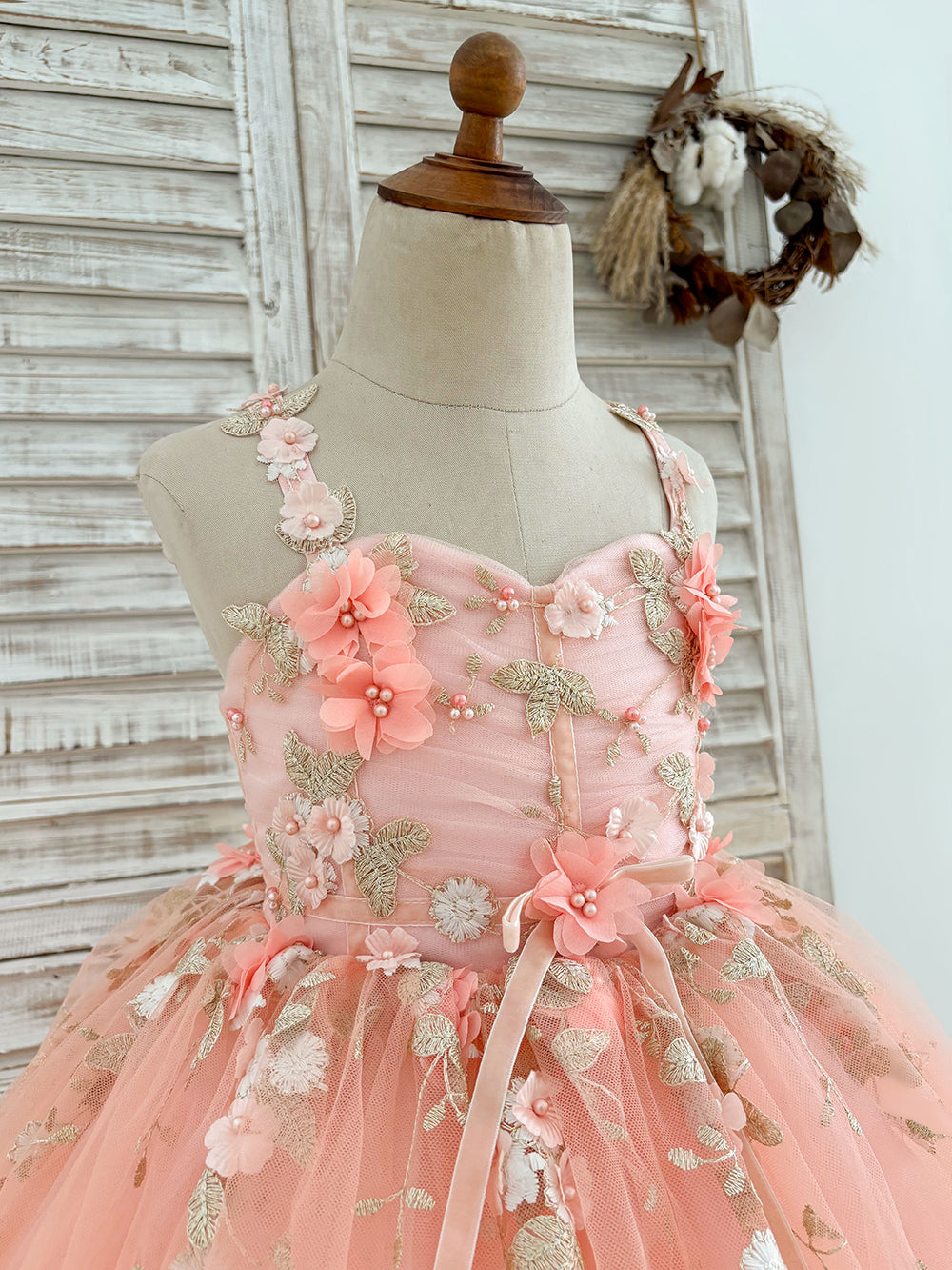 3D Flowers Pink Tulle Sweetheart Wedding Flower Girl Dress Kids Pageant Gown