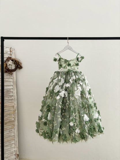 Green 3D Lace Flower Tulle Floor Length Wedding Flower Girl Dress Kids Pageant Gown