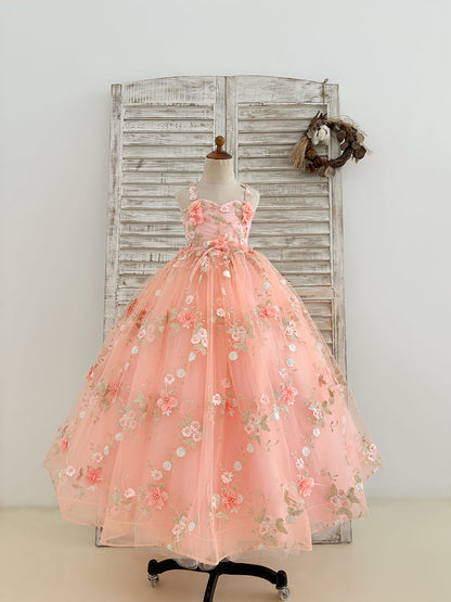 3D Flowers Pink Tulle Sweetheart Wedding Flower Girl Dress Kids Pageant Gown