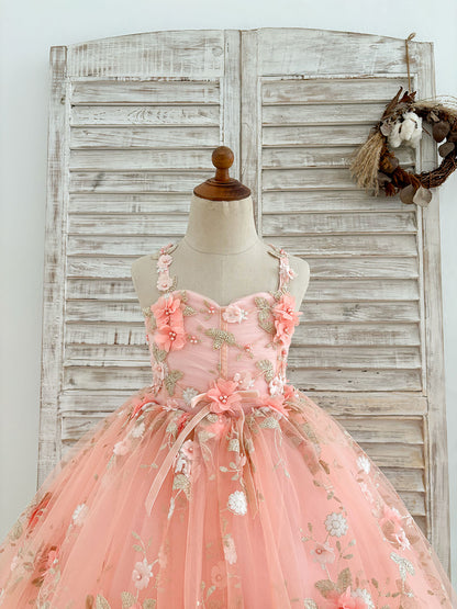 3D Flowers Pink Tulle Sweetheart Wedding Flower Girl Dress Kids Pageant Gown
