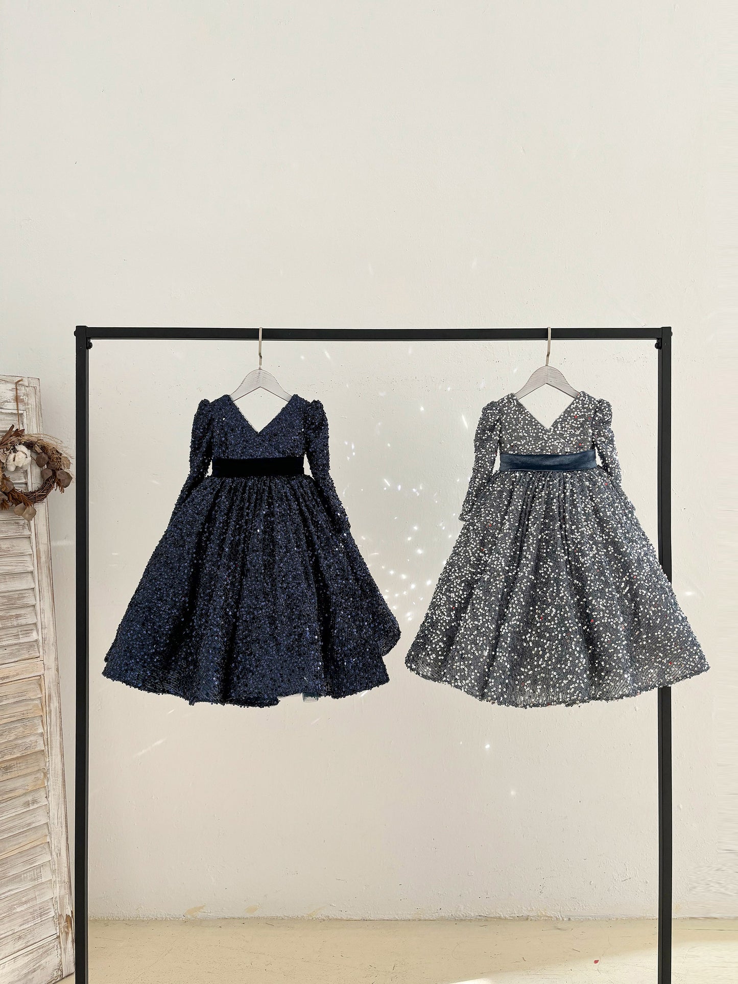 Long Sleeve V Neck Knee Length Navy Sequin Birthday Party Flower Girl Dress