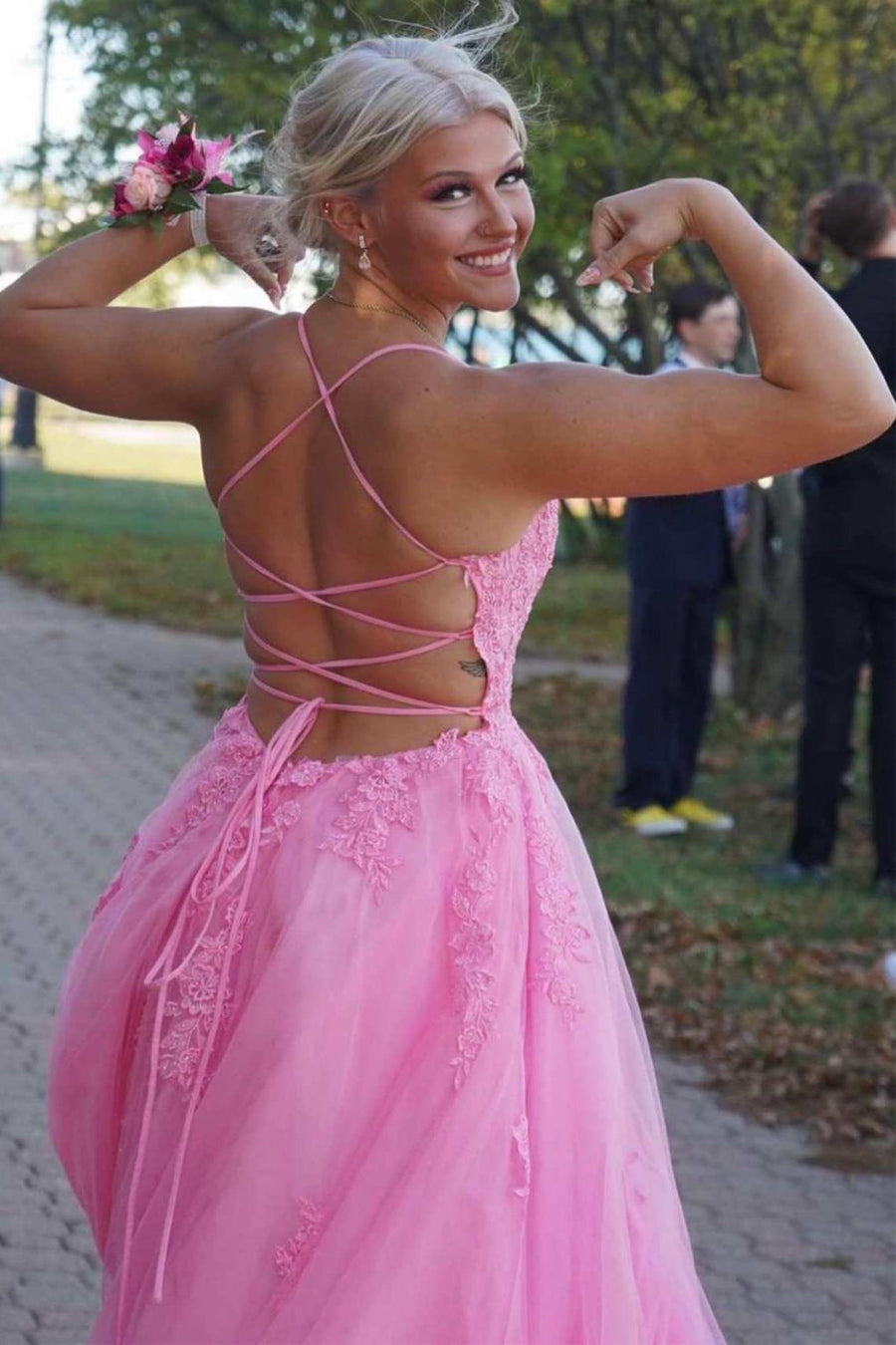 Princess Prom Dress Scoop Neck Spaghetti Straps Crisscross Pink Lace Tulle Slit