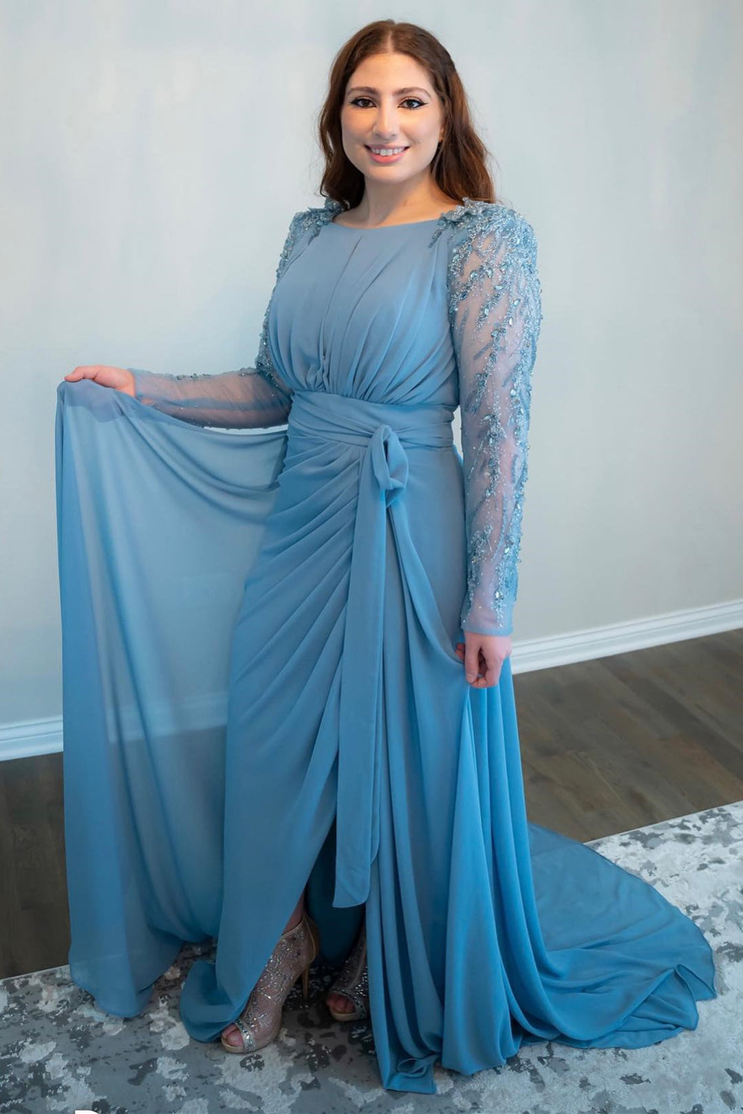 Dusty Blue Chiffon Beading Long Sleeve Bridesmaid Dress | Misdress