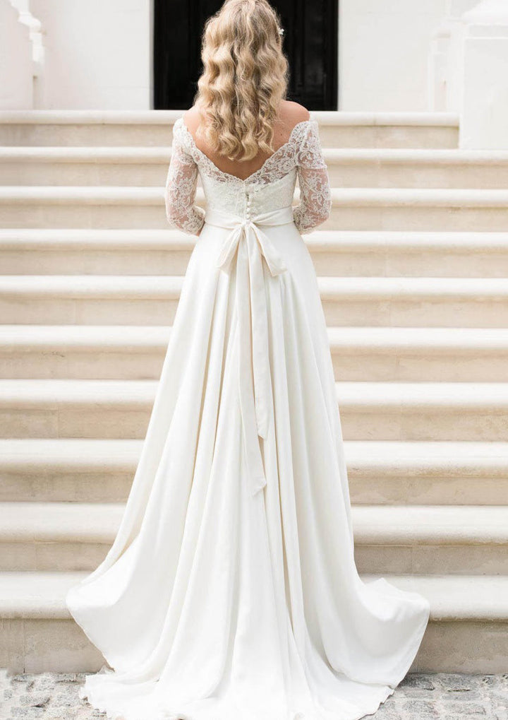 long sleeve satin a line wedding dress Black Wedding Dresses A-Line Long Sleeves Cut Out Satin Fabric Court Train Bridal  Gown Free Customization