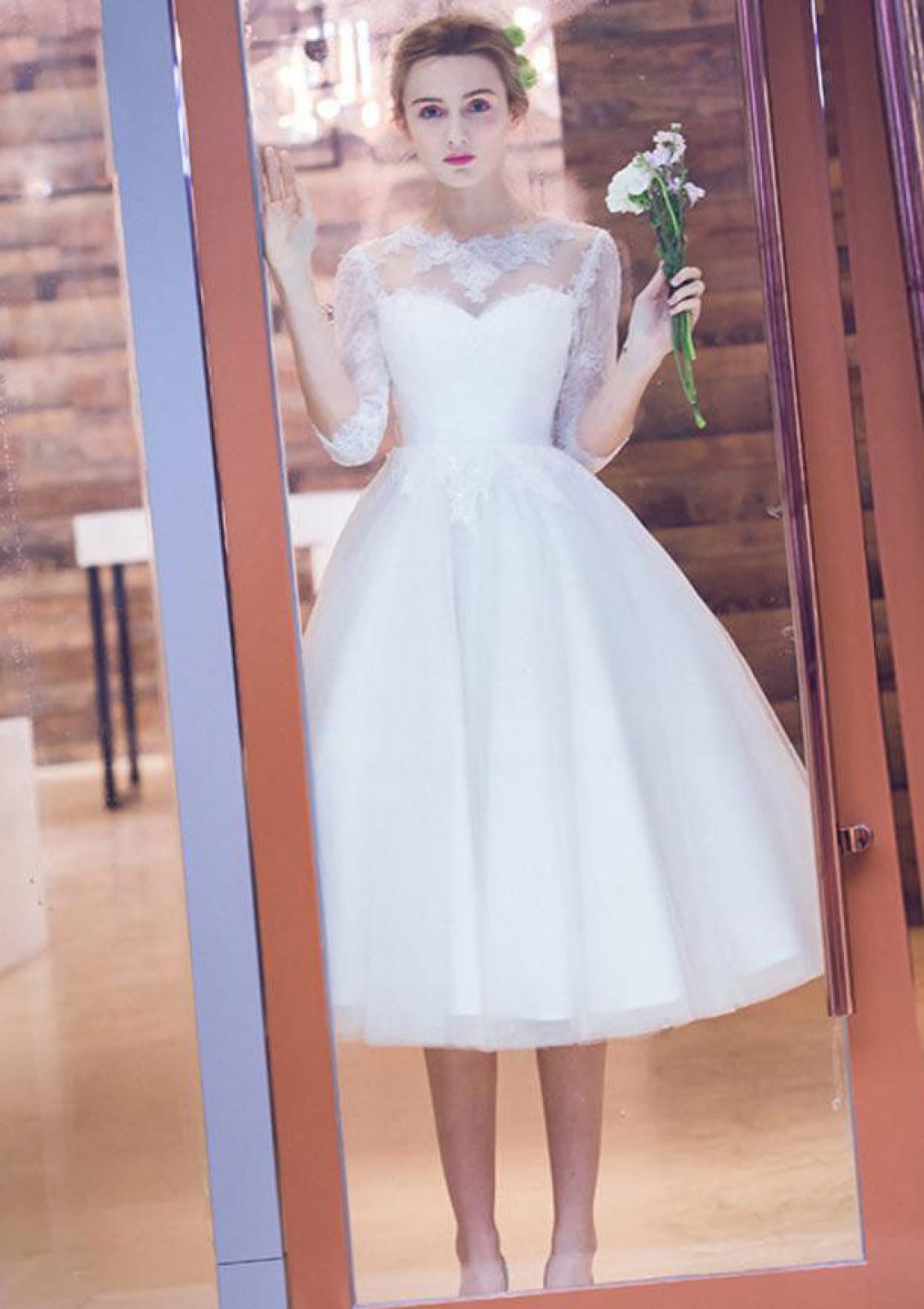 3/4 Sleeve Knee Length Lace Tulle Ball Gown Wedding Dress - 
