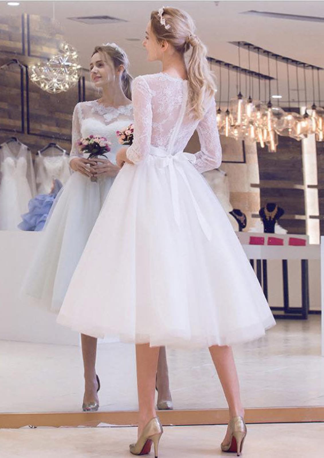 3 4 sleeve wedding dress with lace and tulle skirt Elegant Custom Wedding Dress: Open Back, Floral Macrame, Whimsical Tulle Skirt