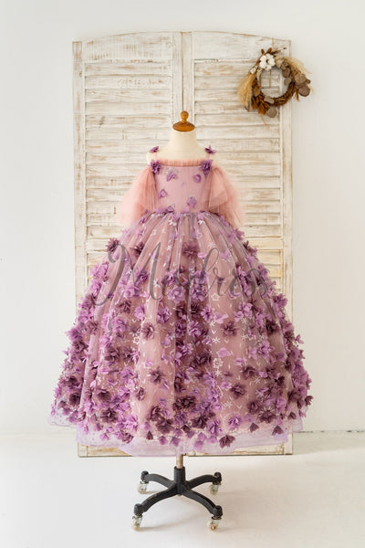 3D Purple Lace Flower Tulle Wedding Flower Girl Dress Kids Party Dress Photography Dress - 2T