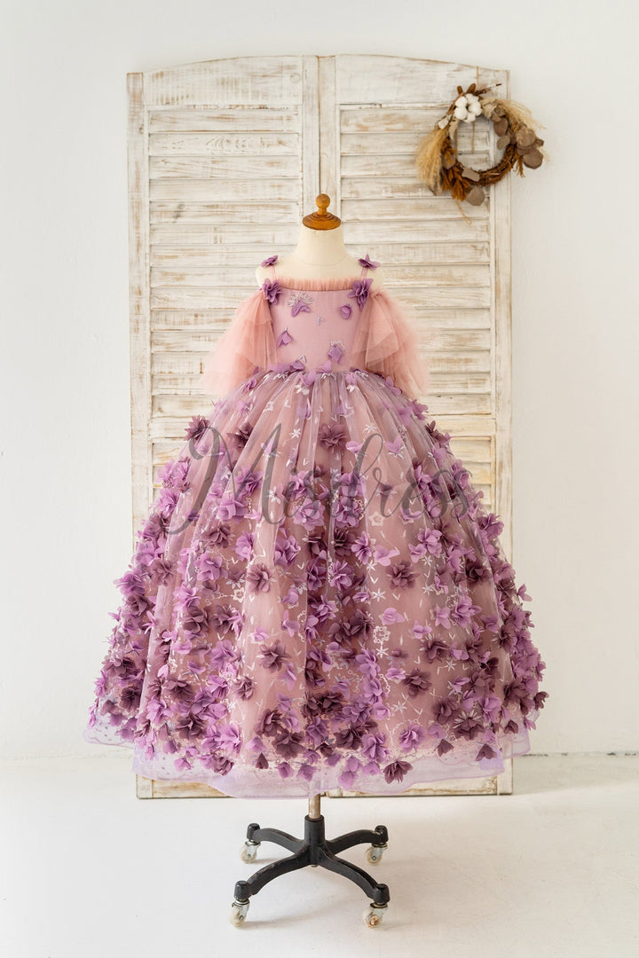 3D Purple Lace Flower Tulle Photography Wedding Flower Girl Dress 4T