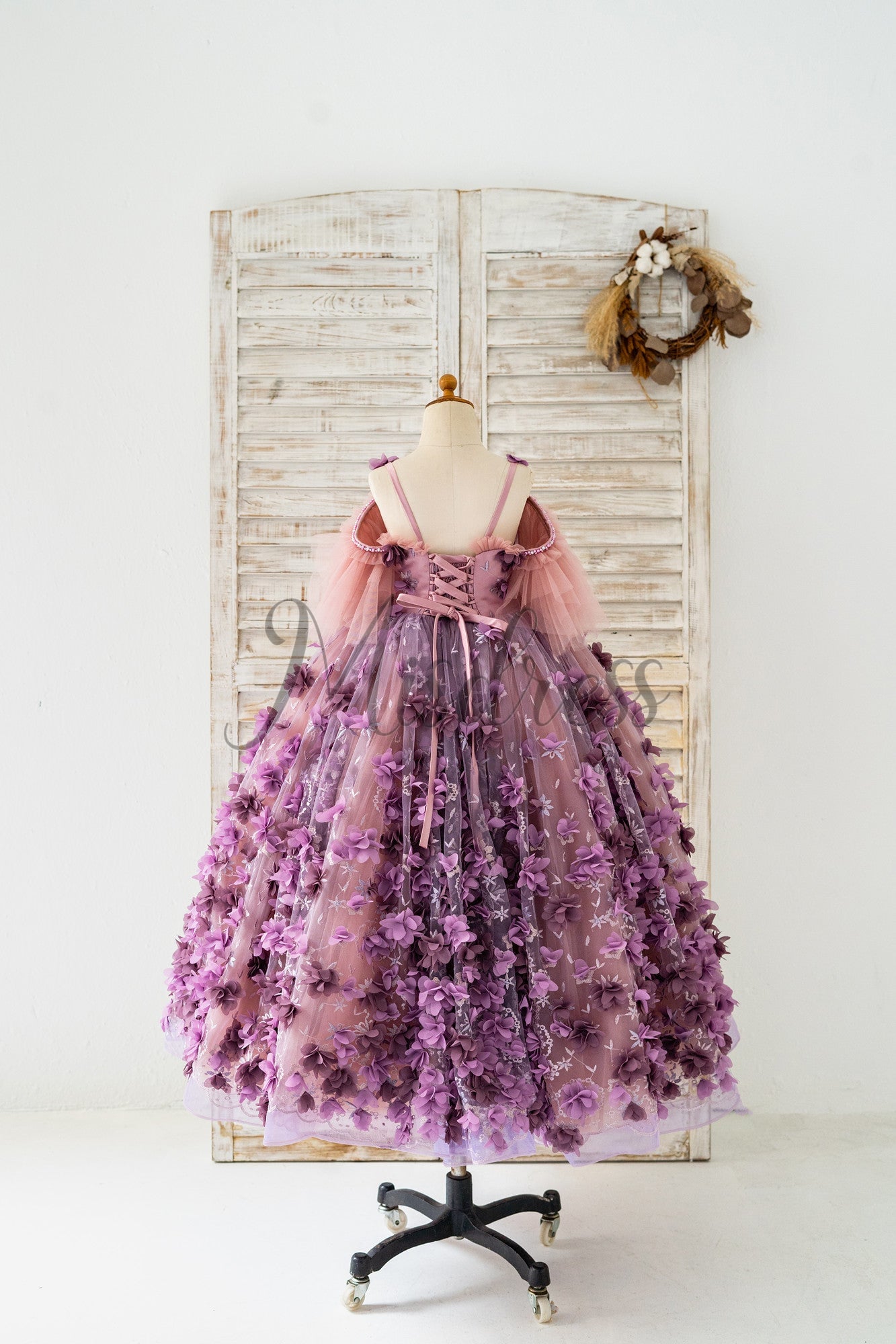 3D Purple Lace Flower Tulle Wedding Flower Girl Dress Kids Party Dress Photography Dress