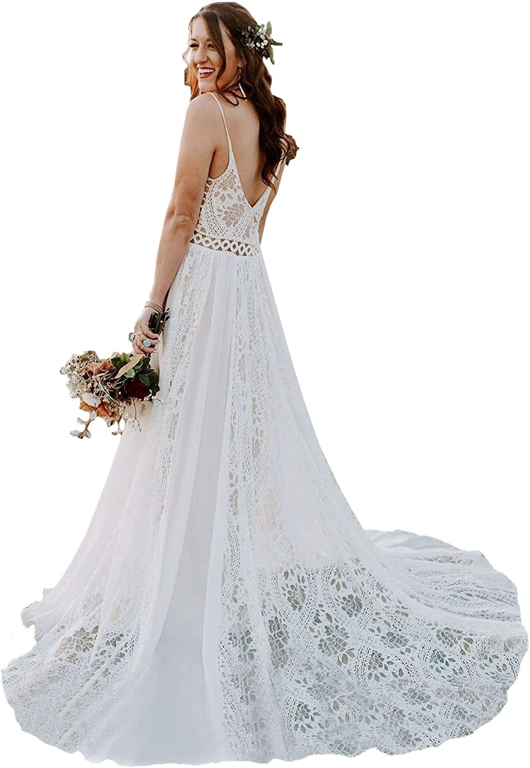 Bohemian Spaghetti Straps V-Neck Lace-Up Court Lace Wedding Dress Bohemian Spaghetti Straps V-Neck Lace-Up Court Lace Wedding Dress