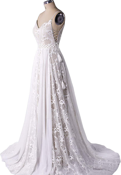 Bohemian Spaghetti Straps V-neck Lace-up Court Lace Wedding Dress
