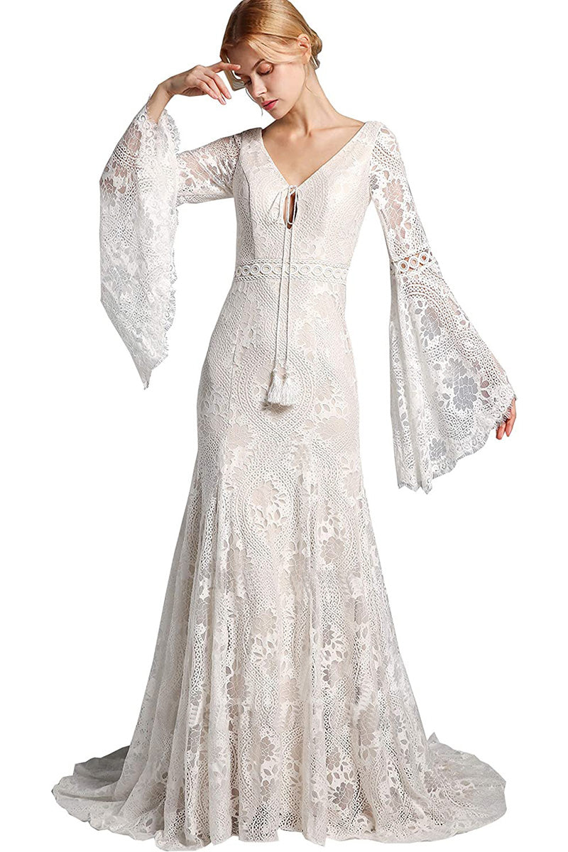 Vestido de Novia de Encaje Corte Sirena Escote V con Manga Larga Acampanada de Encaje Boho