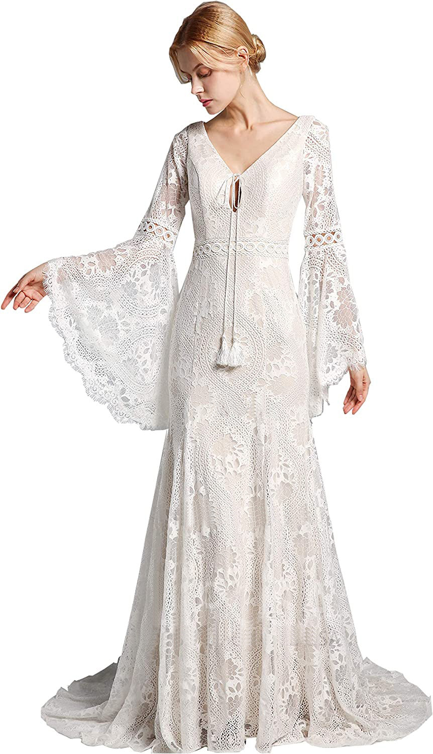 Vestido de Novia de Encaje Corte Sirena Escote V con Manga Larga Acampanada de Encaje Boho