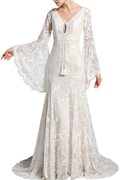 Vestido de Novia de Encaje Corte Sirena Escote V con Manga Larga Acampanada de Encaje Boho