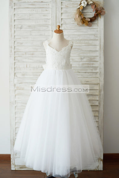 Ankle Length Ivory Lace Tulle 3D Flowers Wedding Flower Girl Dress With Big Bow - Flower Girl Dresses
