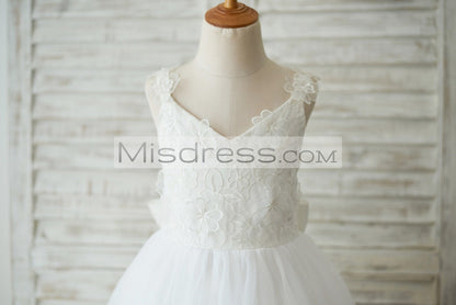 Ankle Length Ivory Lace Tulle 3D Flowers Wedding Flower Girl Dress With Big Bow - Flower Girl Dresses