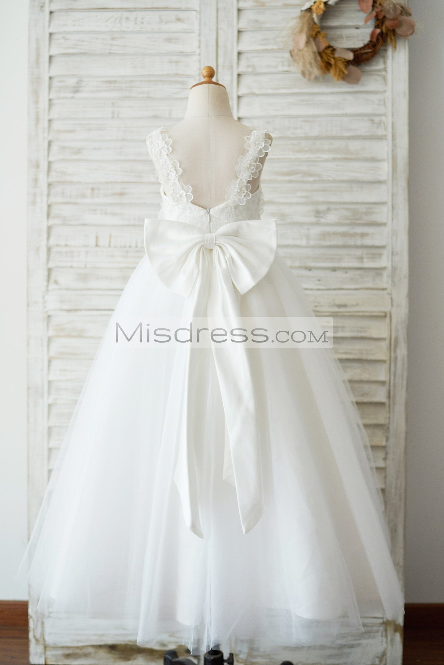 Ankle Length Ivory Lace Tulle 3D Flowers Wedding Flower Girl Dress With Big Bow - Flower Girl Dresses