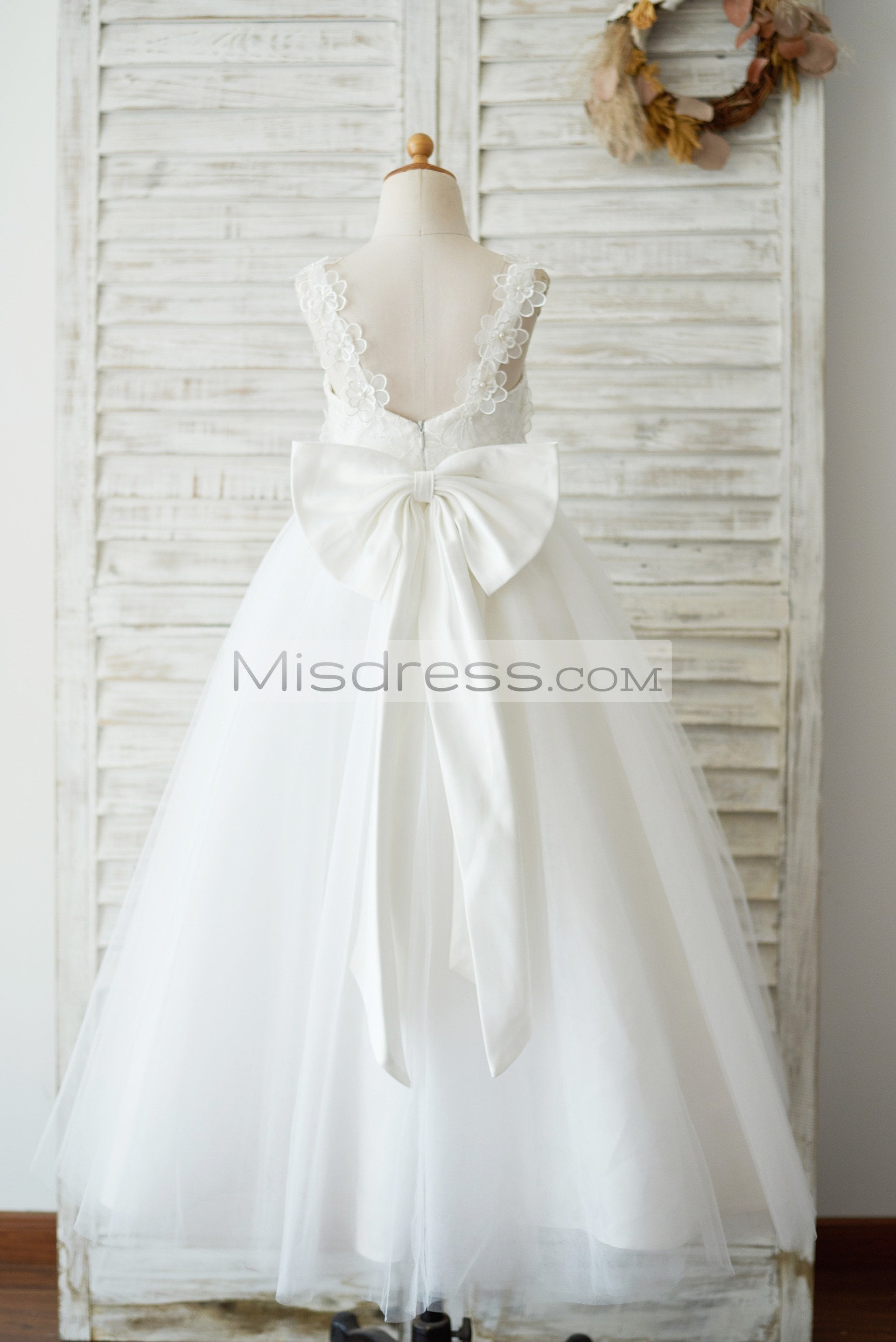 Ankle Length Ivory Lace Tulle 3D Flowers Wedding Flower Girl Dress With Big Bow - Flower Girl Dresses