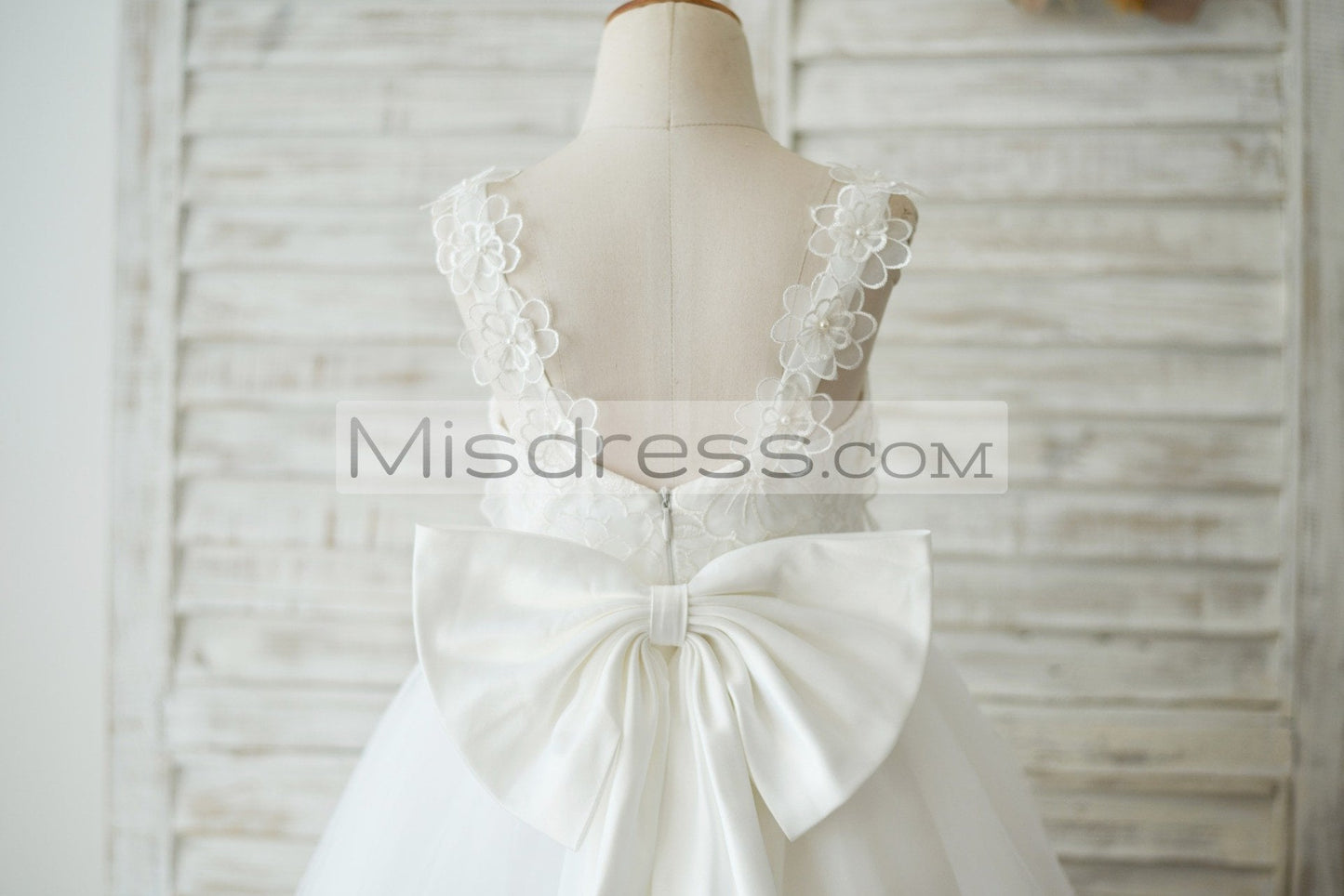 Ankle Length Ivory Lace Tulle 3D Flowers Wedding Flower Girl Dress With Big Bow - Flower Girl Dresses