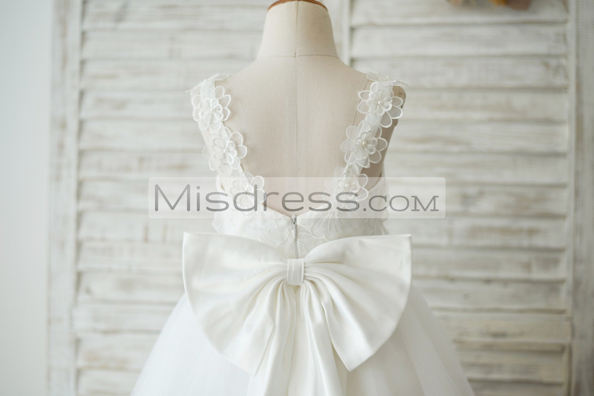 Ankle Length Ivory Lace Tulle 3D Flowers Wedding Flower Girl Dress With Big Bow - Flower Girl Dresses