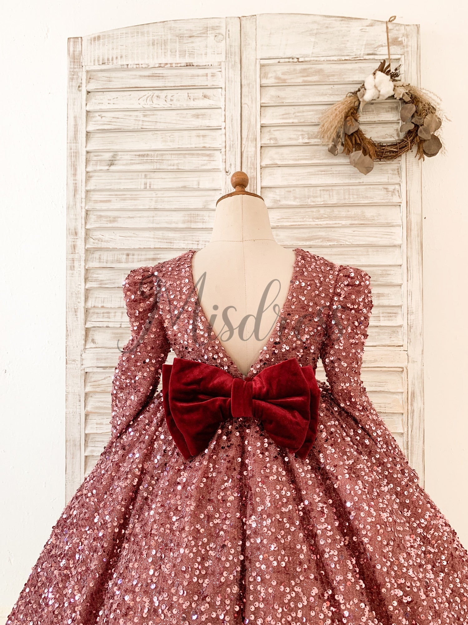 V Back Long Sleeves Burgundy Sequin Wedding Flower Girl Dress Birthday Party Dress