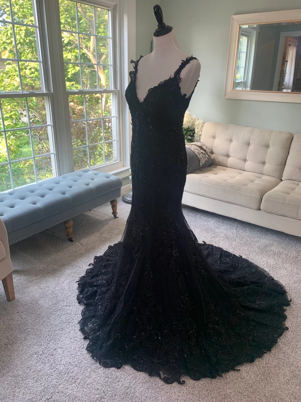 X Back V Neck Black Embroidered Lace Tulle Mermaid Wedding