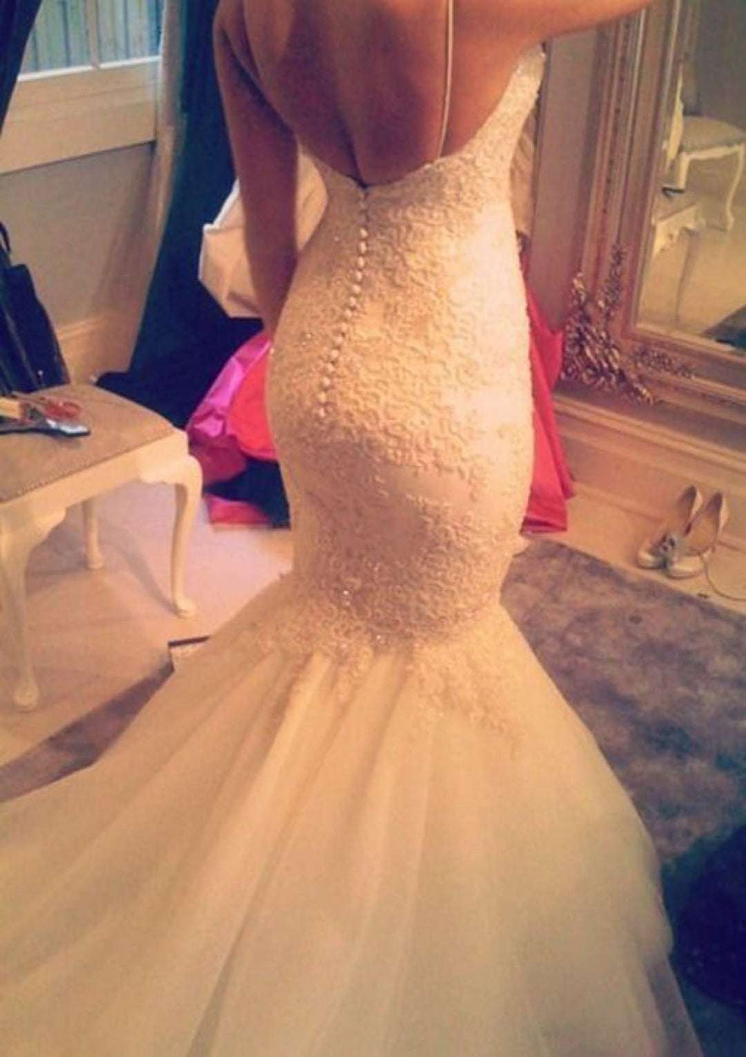 Backless Ivory Lace Tulle Mermaid Drop Waist Wedding Dress, Straps