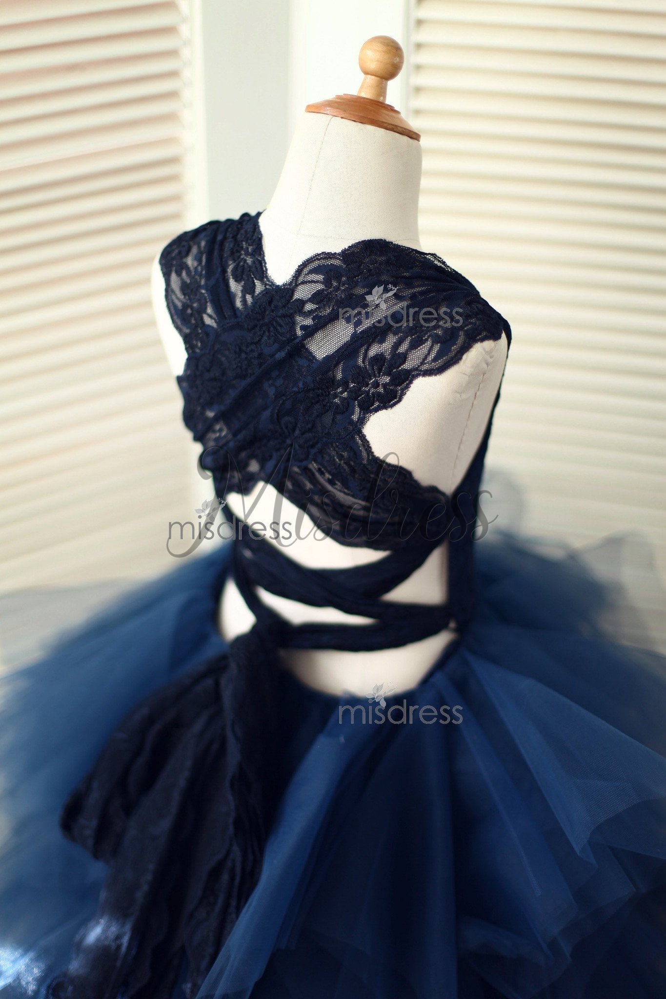 Backless Navy Blue Lace Ruffle Tulle Skirt Flower Girl Dress - Flower Girl Dresses