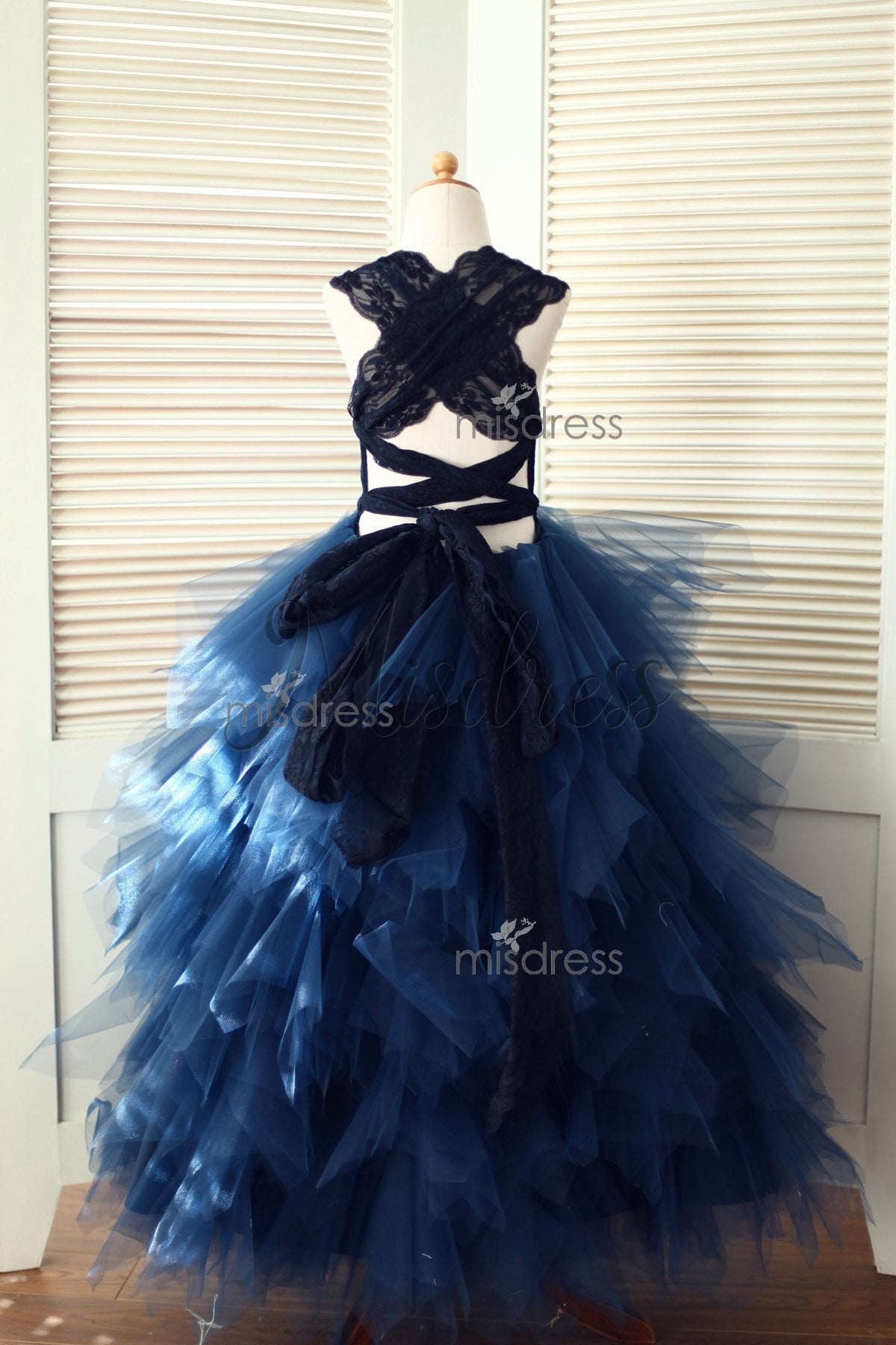 Backless Navy Blue Lace Ruffle Tulle Skirt Flower Girl Dress - Flower Girl Dresses