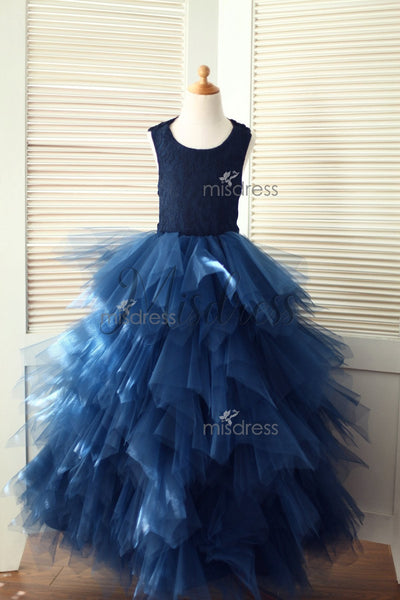 Backless Navy Blue Lace Ruffle Tulle Skirt Flower Girl Dress - Flower Girl Dresses