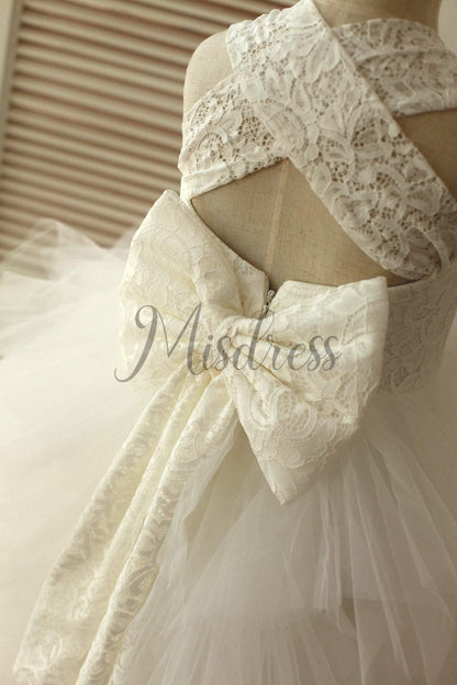 Backless Ivory Lace Ruffle Tulle Skirt Flower Girl Dress with big bow - Flower Girl Dresses