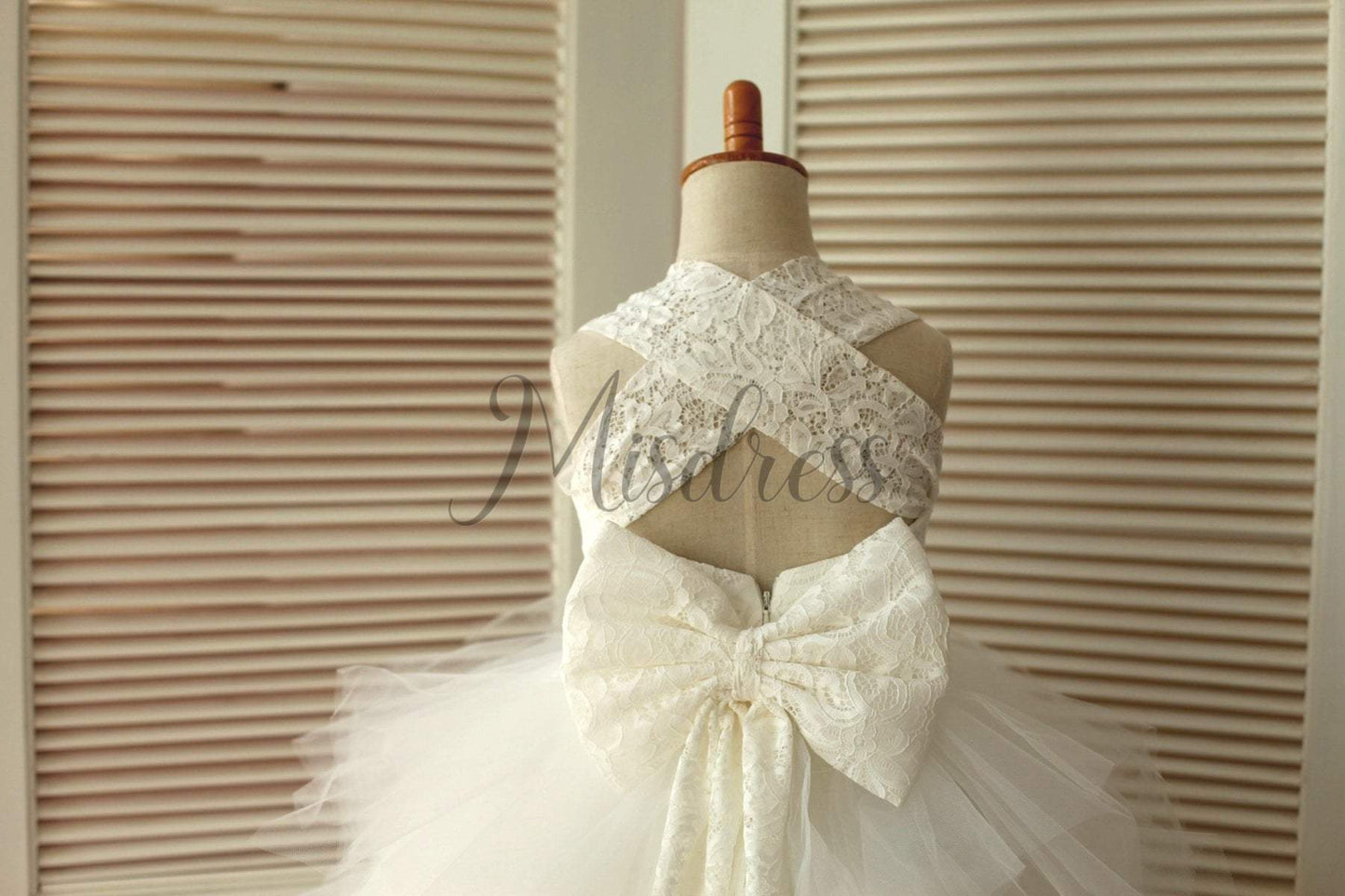 Backless Ivory Lace Ruffle Tulle Skirt Flower Girl Dress with big bow - Flower Girl Dresses