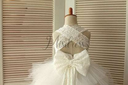 Backless Ivory Lace Ruffle Tulle Skirt Flower Girl Dress with big bow - Flower Girl Dresses