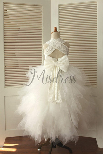 Backless Ivory Lace Ruffle Tulle Skirt Flower Girl Dress with big bow - Flower Girl Dresses