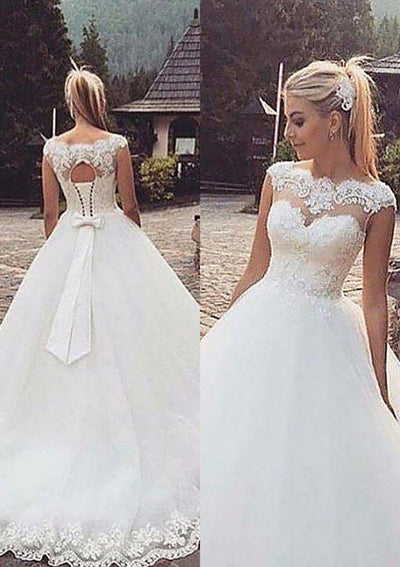 Ball Gown Bateau Cap Sleeve Sweep Tulle Bridal Dress 