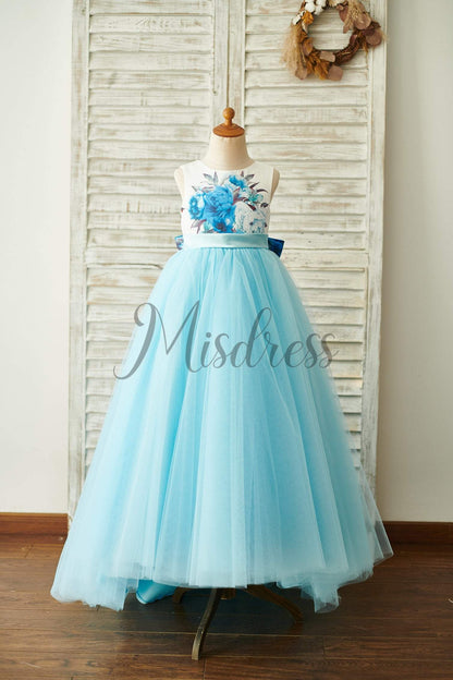 Blue Printed Floral Satin Tulle V Back Wedding Flower Girl Dress With Bow - Flower Girl Dresses