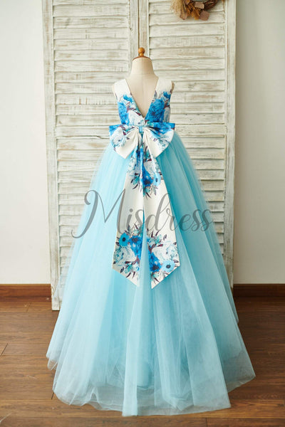 Blue Printed Floral Satin Tulle V Back Wedding Flower Girl Dress With Bow - Flower Girl Dresses