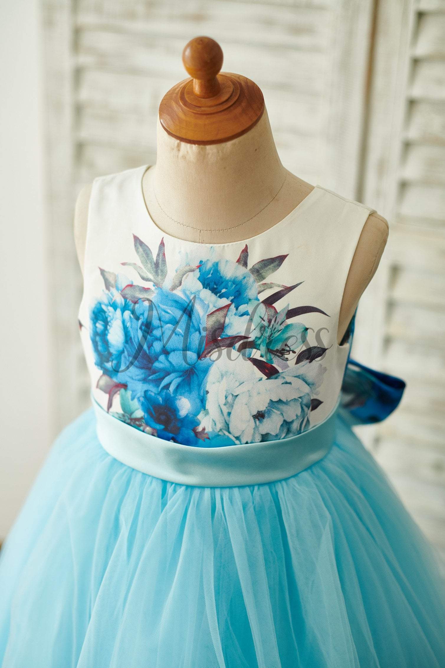 Blue Printed Floral Satin Tulle V Back Wedding Flower Girl Dress With Bow - Flower Girl Dresses
