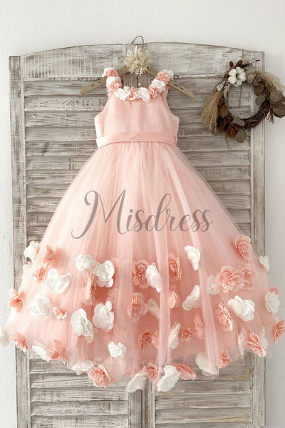 Pink 3D Flowers Wedding Flower Girl Dress Kids Party Dress - Flower Girl Dresses