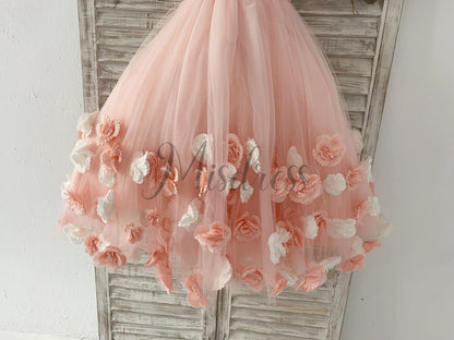 Pink 3D Flowers Wedding Flower Girl Dress Kids Party Dress - Flower Girl Dresses