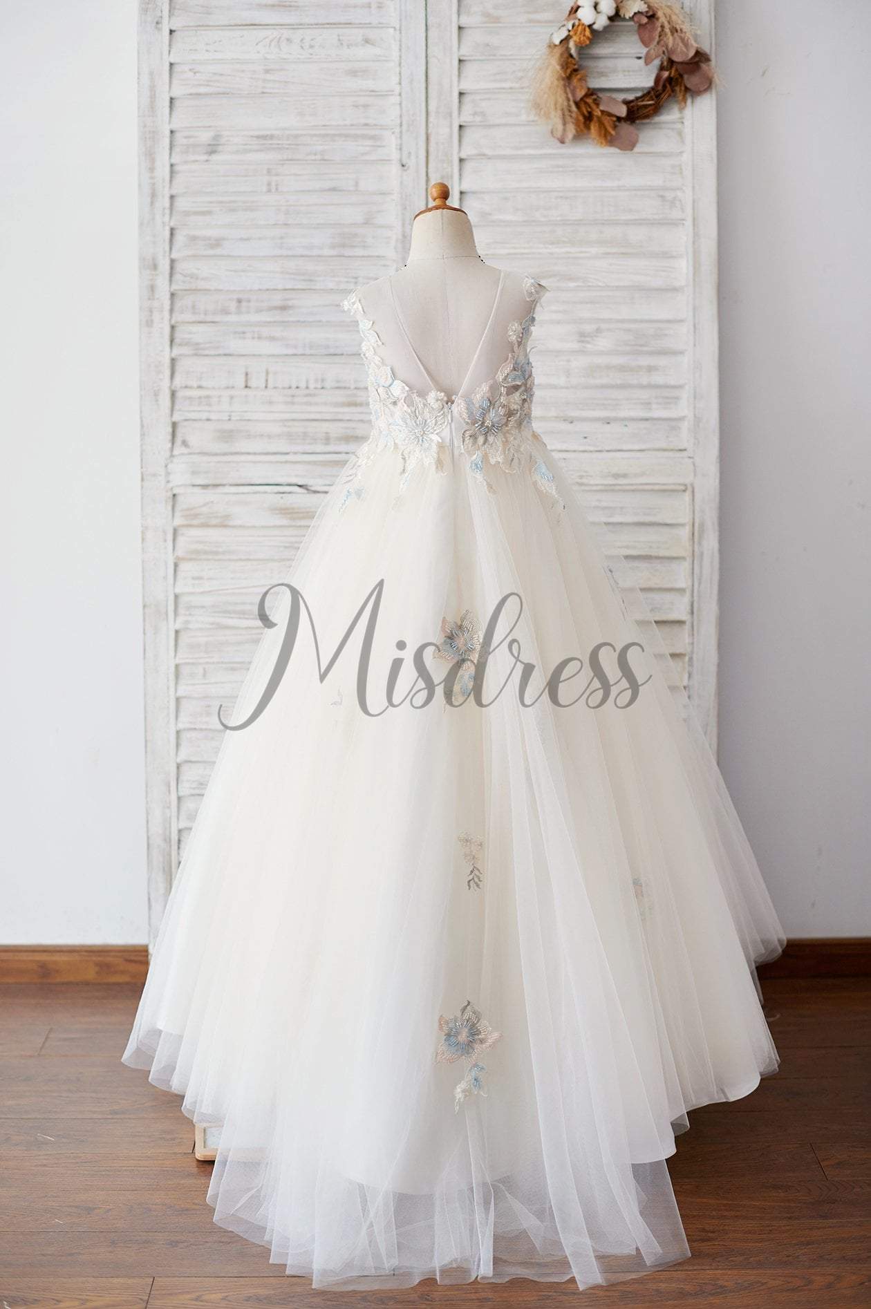 Champagne Tulle Beaded Lace V Back Wedding Flower Girl Dress - Flower Girl Dresses