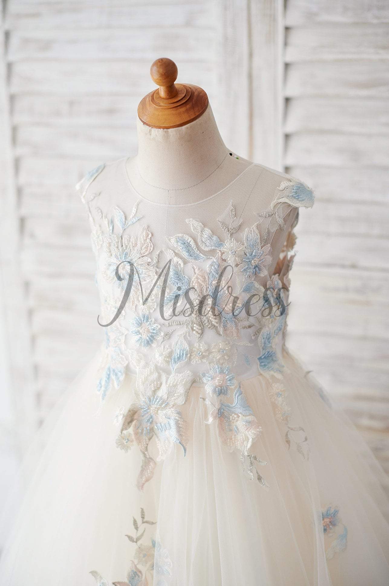 Champagne Tulle Beaded Lace V Back Wedding Flower Girl Dress - Flower Girl Dresses