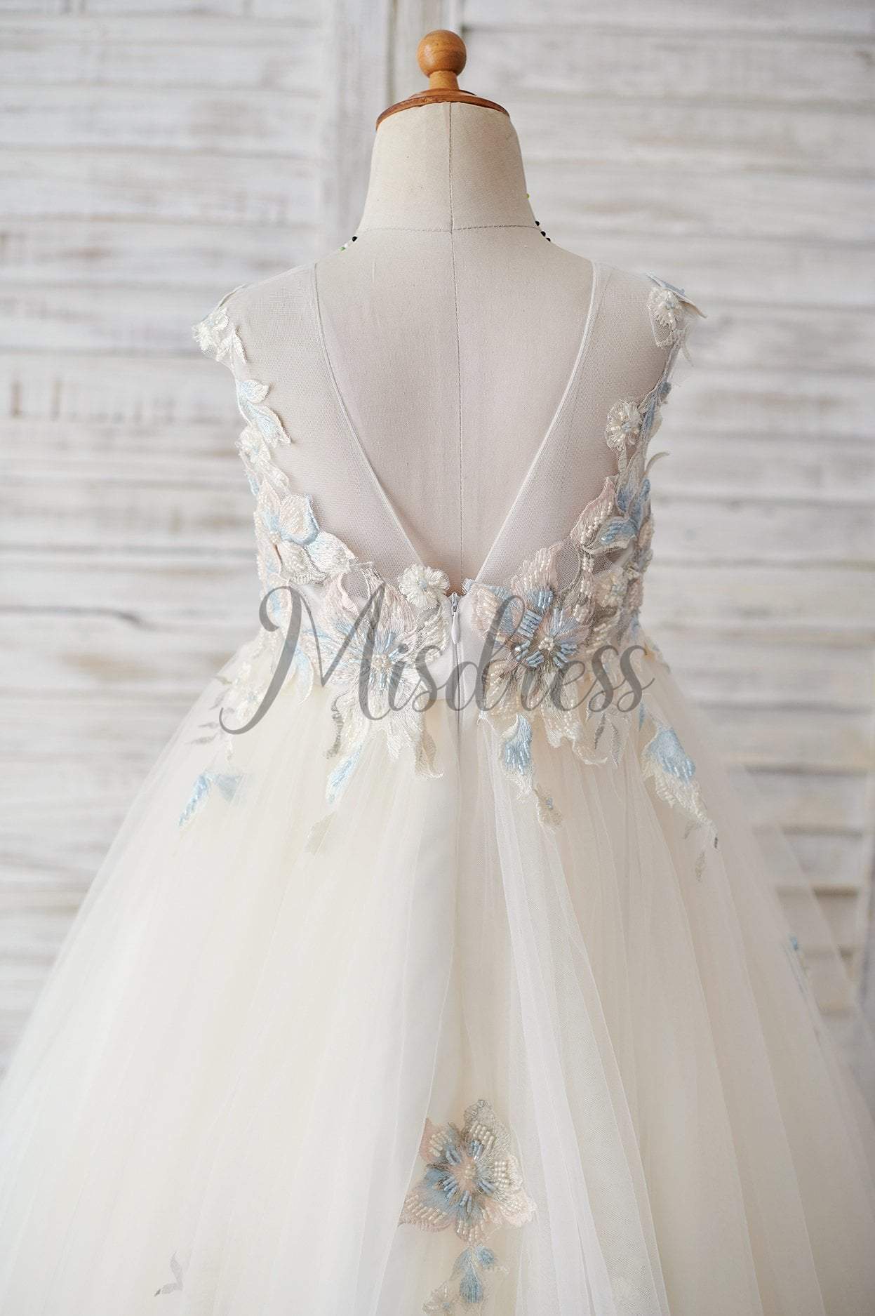 Champagne Tulle Beaded Lace V Back Wedding Flower Girl Dress - Flower Girl Dresses