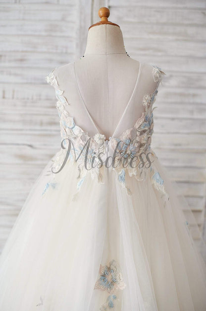 Champagne Tulle Beaded Lace V Back Wedding Flower Girl Dress - Flower Girl Dresses