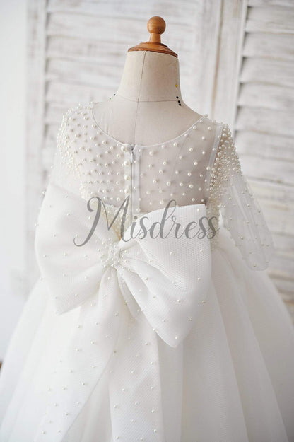 Elbow Sleeves Beaded Neoprene Tulle Wedding Flower Girl Dress with Bow - Flower Girl Dresses