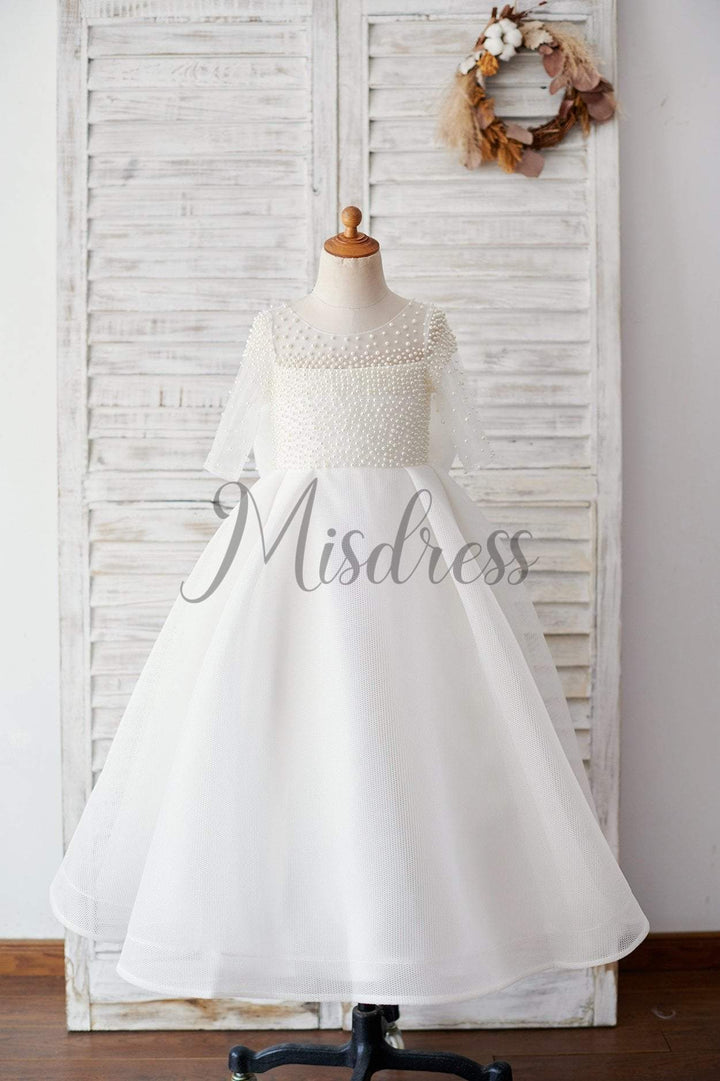 Elbow Sleeves Beaded Neoprene Tulle Wedding Flower Girl Dress, Bow 3T