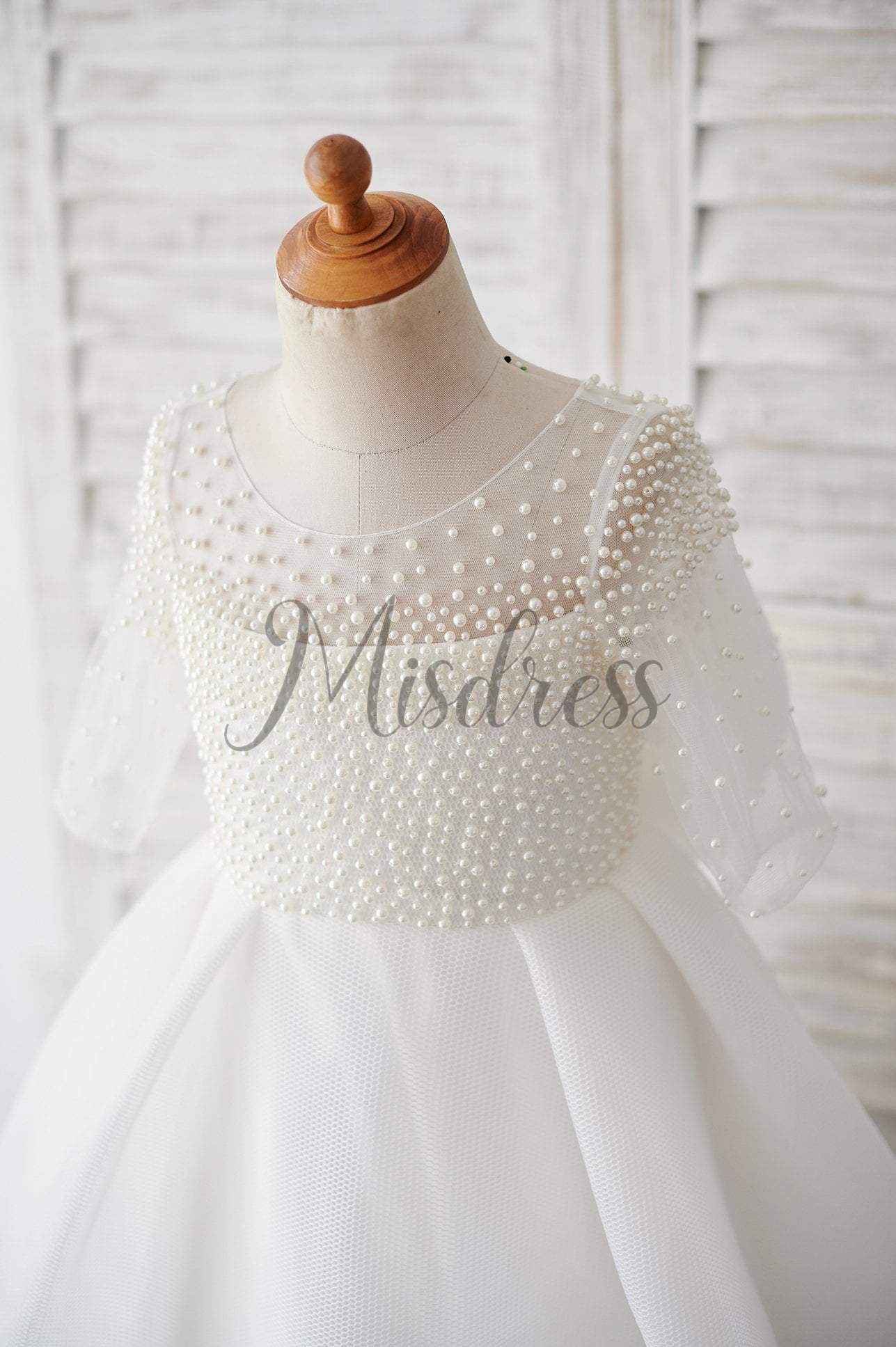 Elbow Sleeves Beaded Neoprene Tulle Wedding Flower Girl Dress with Bow - Flower Girl Dresses